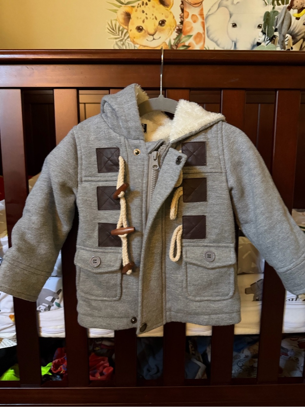 Kids Grey Hooded Toggle Coat with Sherpa Lining